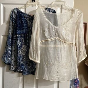 2 tops! blue 3/4 sleeve blouse and silk sheer 3/4 sleeve blouse size small.